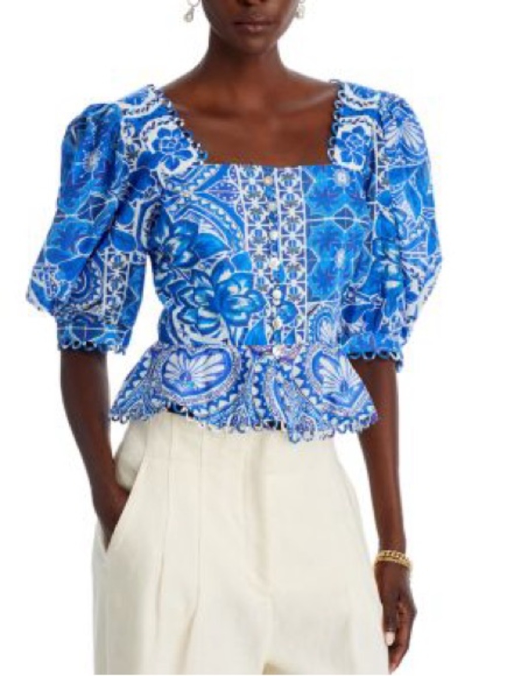 FARM Rio Blue White Floral Button-Front Peplum Blouse - Picture 1 of 8
